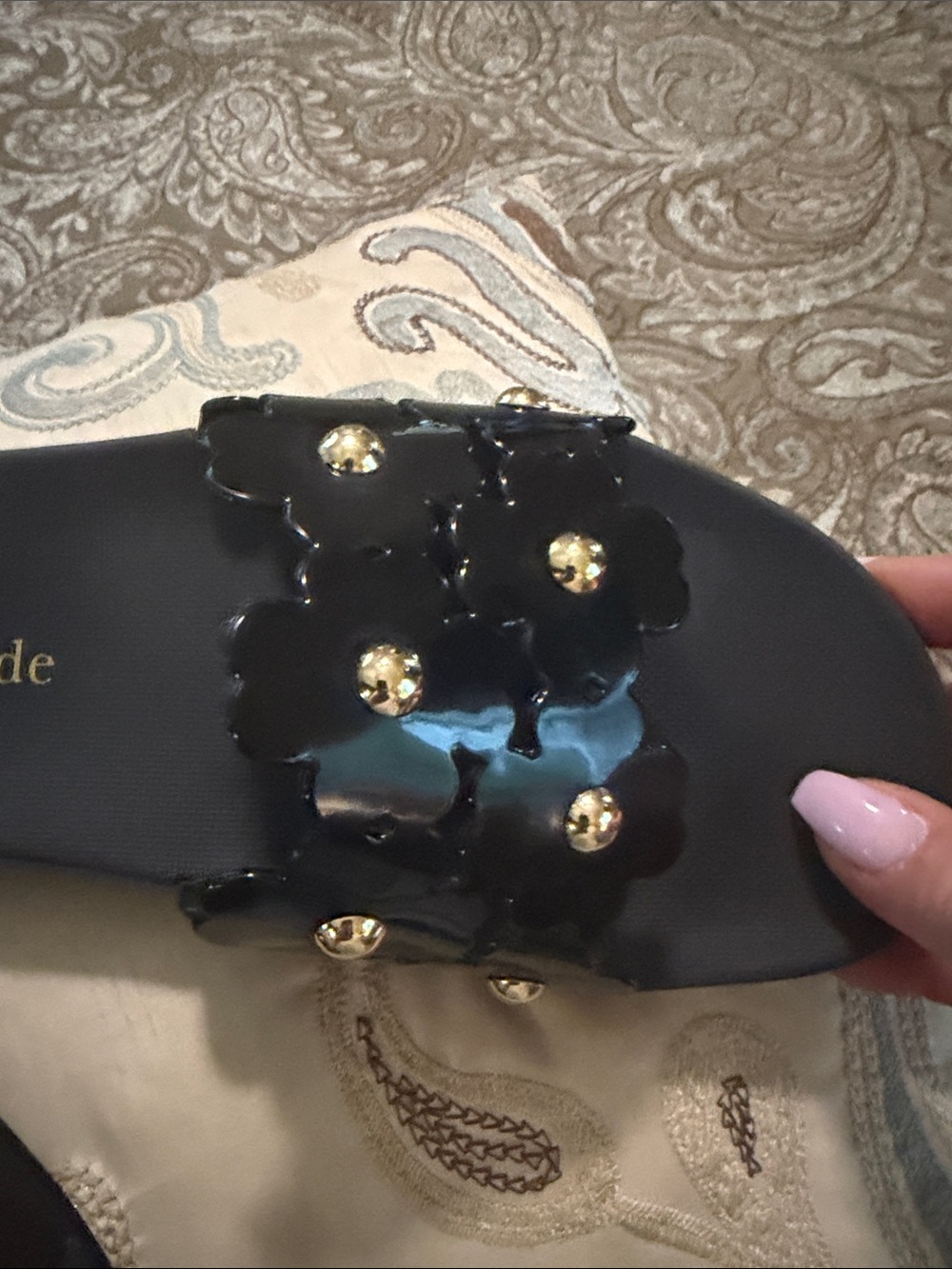kate spade Black Floral Patent Stud Slide Sandals - Picture 2 of 3